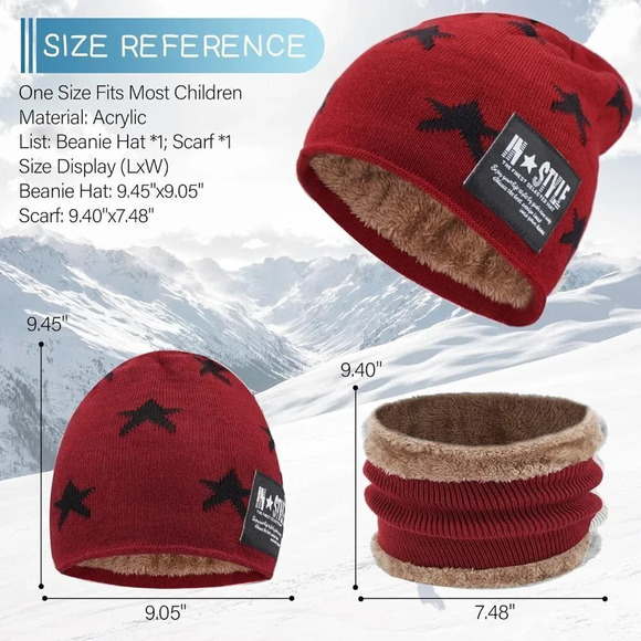 Kids Boys Girls Winter Warm Knit Beanie Hat Cap Neck Scarf Set with Fleece - Picture 4 of 6